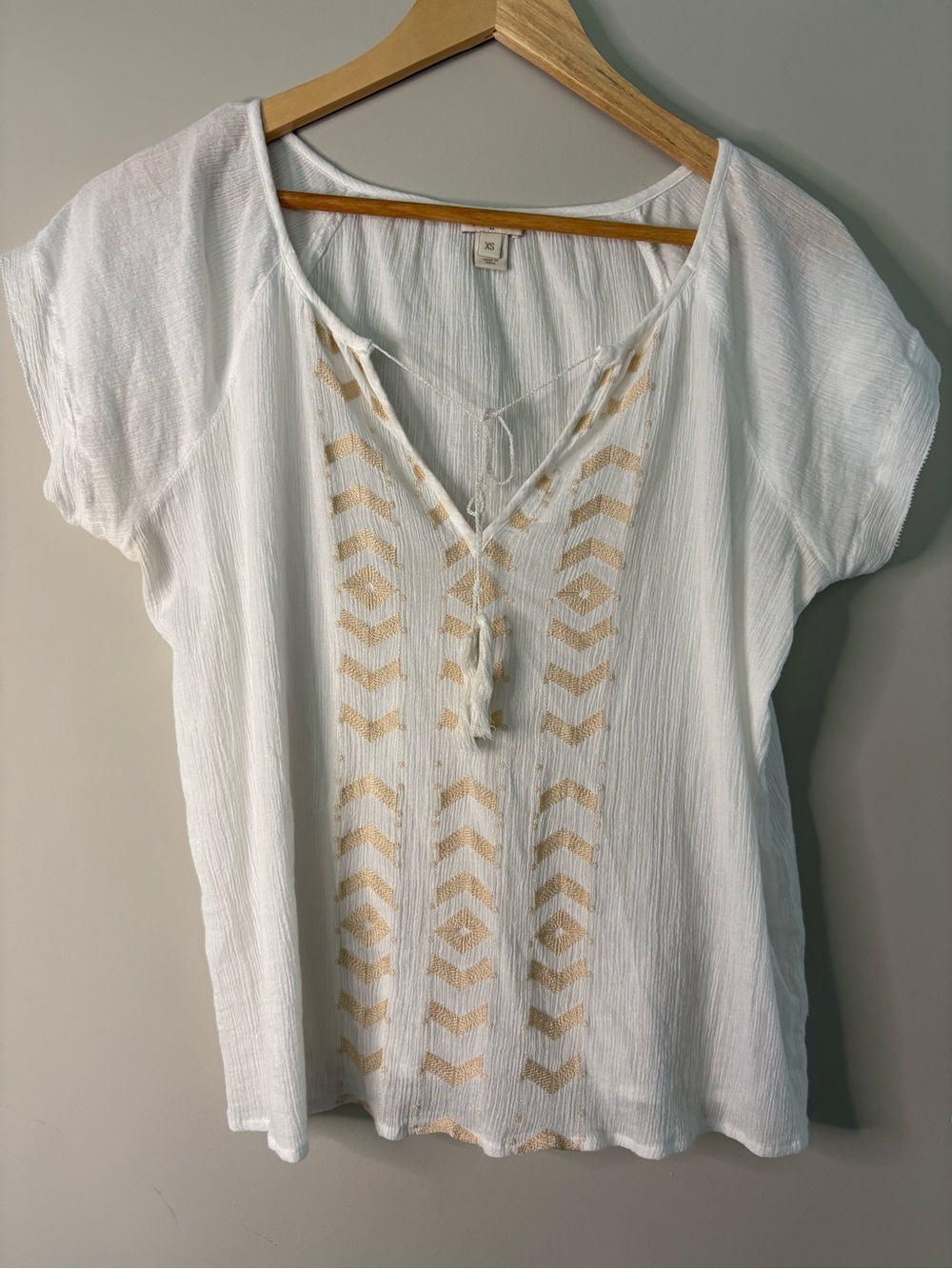 J. Crew White Tunic Top with Beige Embroidered Detail
